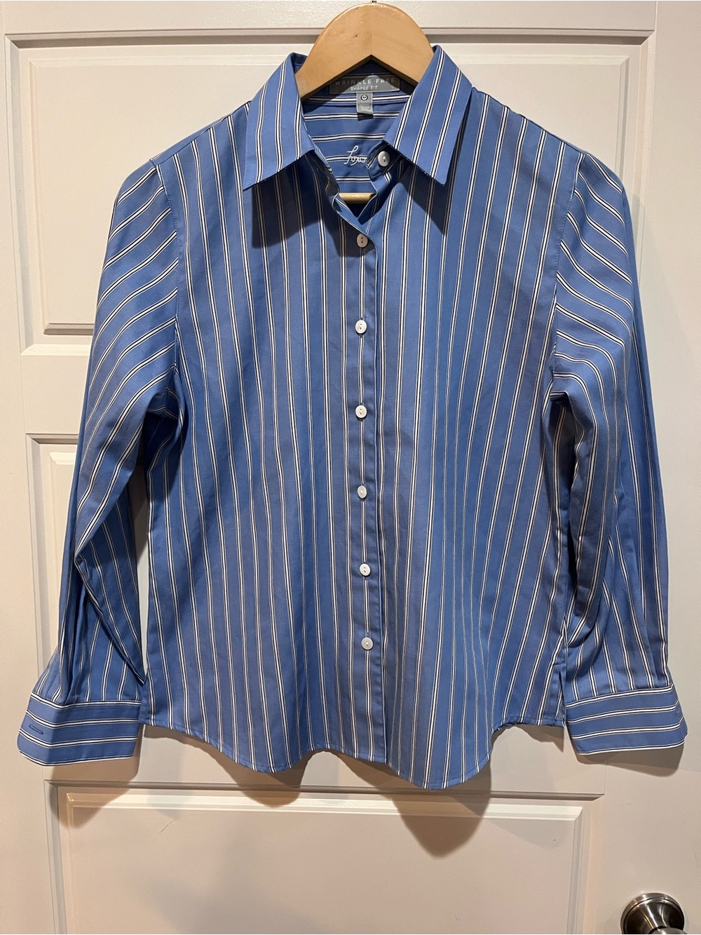 Foxcroft 4P Petite Blue Stripe Wrinkle Free Cotton Button Down Shirt - Picture 2 of 9